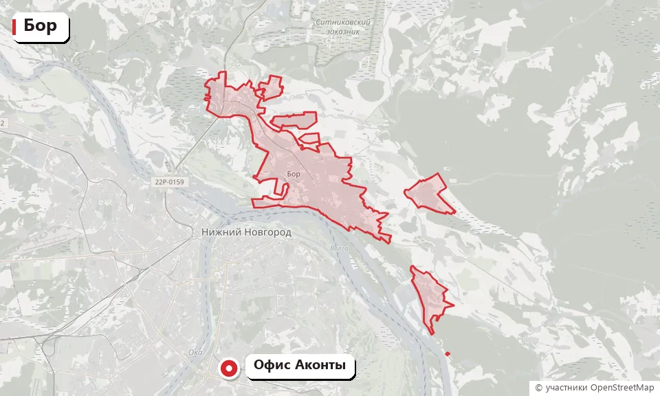 Бор на карте и офис компании Аконта в Нижнем Новгороде