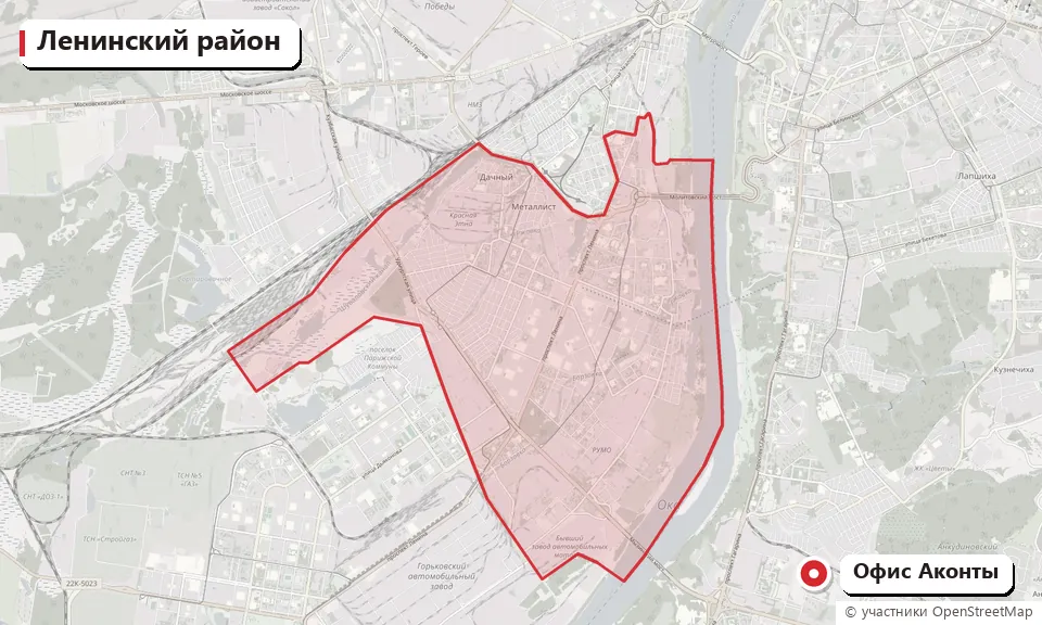 Ленинский район Нижнего Новгорода на карте и офис компании Аконта на улице Геологов