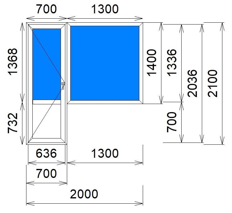 Балконный блок 2000×2100 мм, REHAU Delight: дверь поворотная, окно глухое